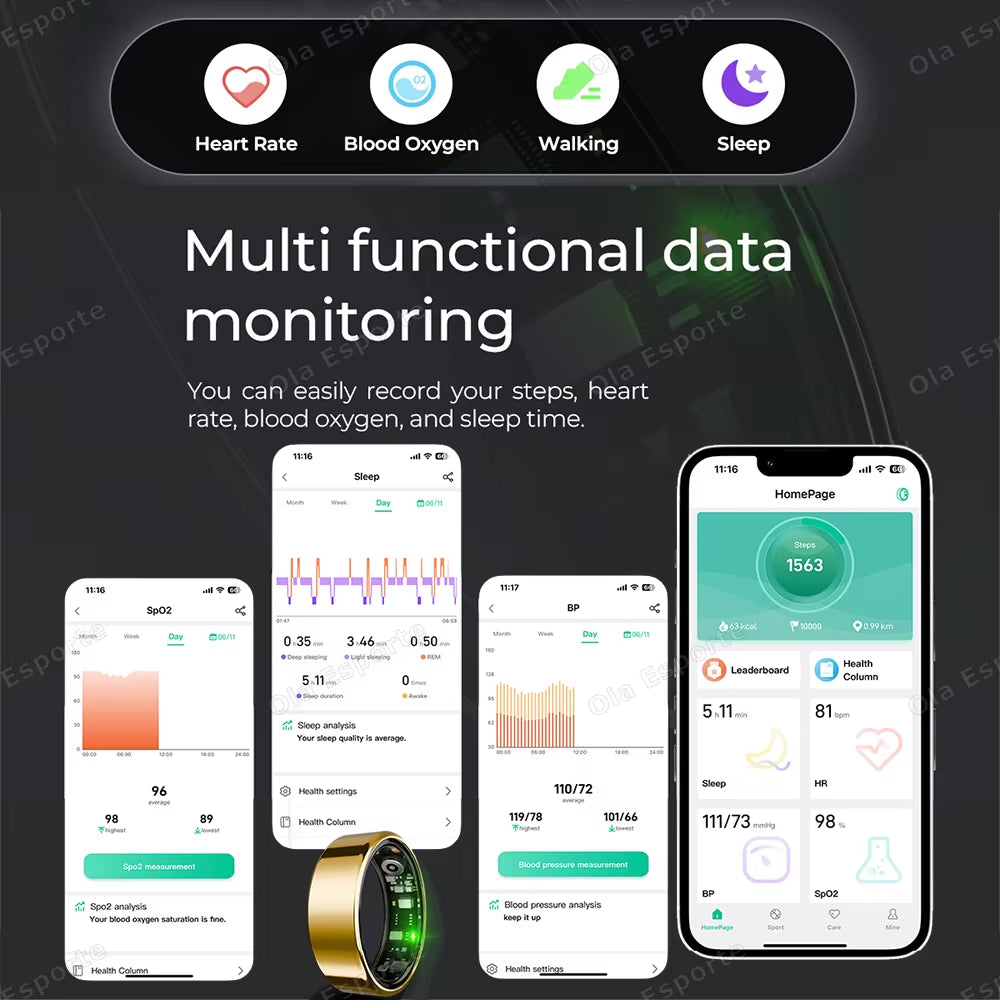 2025 New Smart Ring Heart Rate Blood Pressure Sleep Monitoring Motion Tracking IP68 Waterproof Men Women Smart Ring Holiday Gift